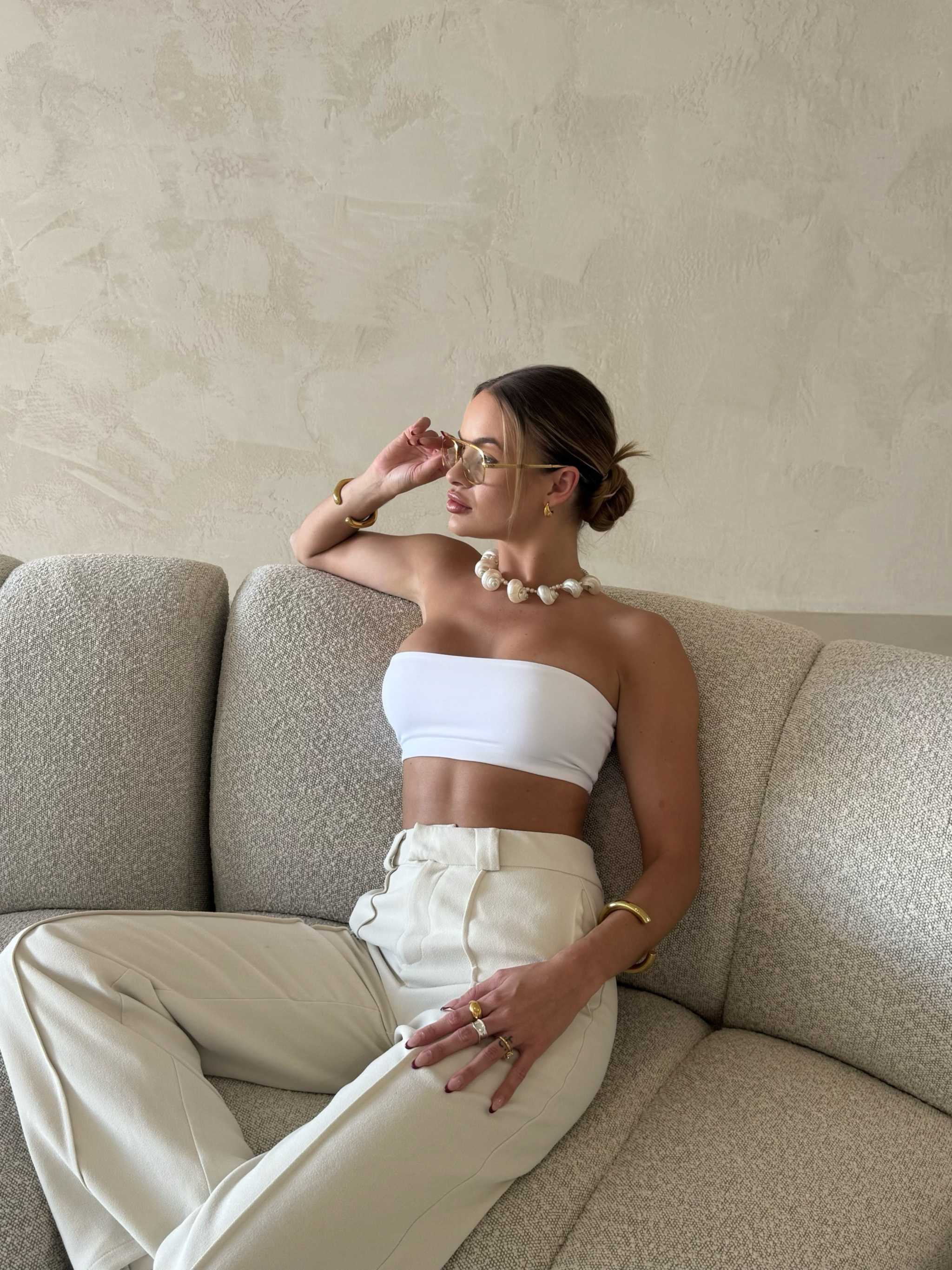 Amara Strapless Crop - Soft, Stretchy Bandeau Top in White and Elira Pant