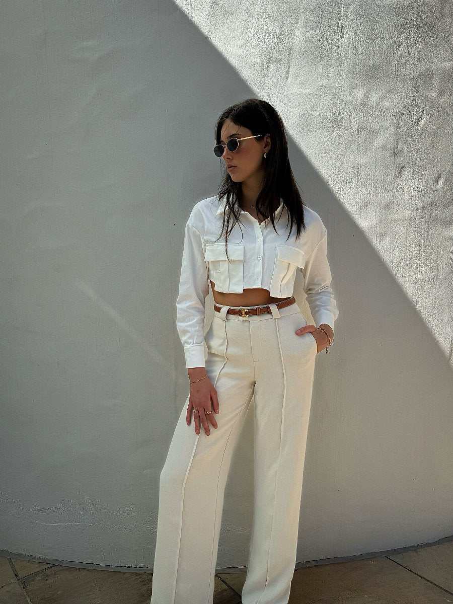 Elira Pant - Stylish High Waist Wide Leg Pants in Textured Tofu