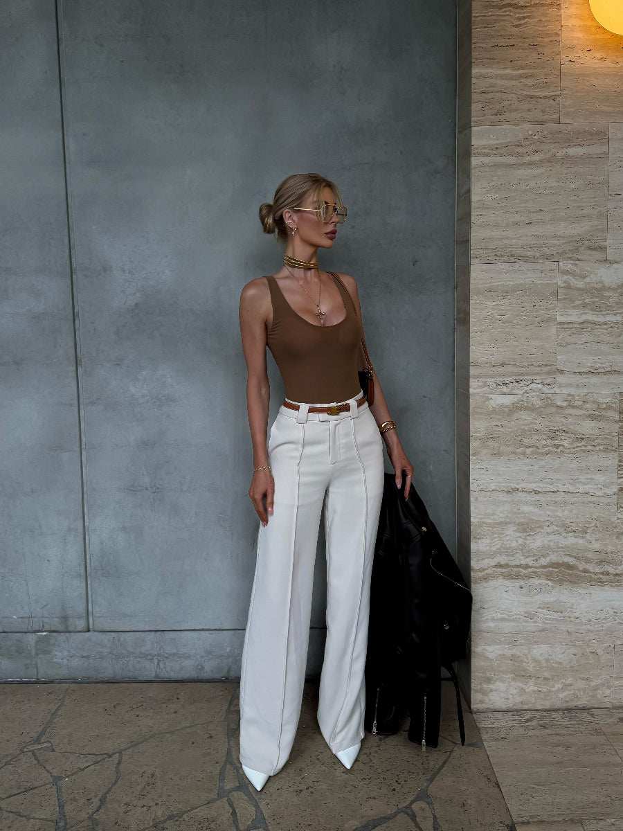 Elira Pant - Stylish High Waist Wide Leg Pants in Textured Tofu