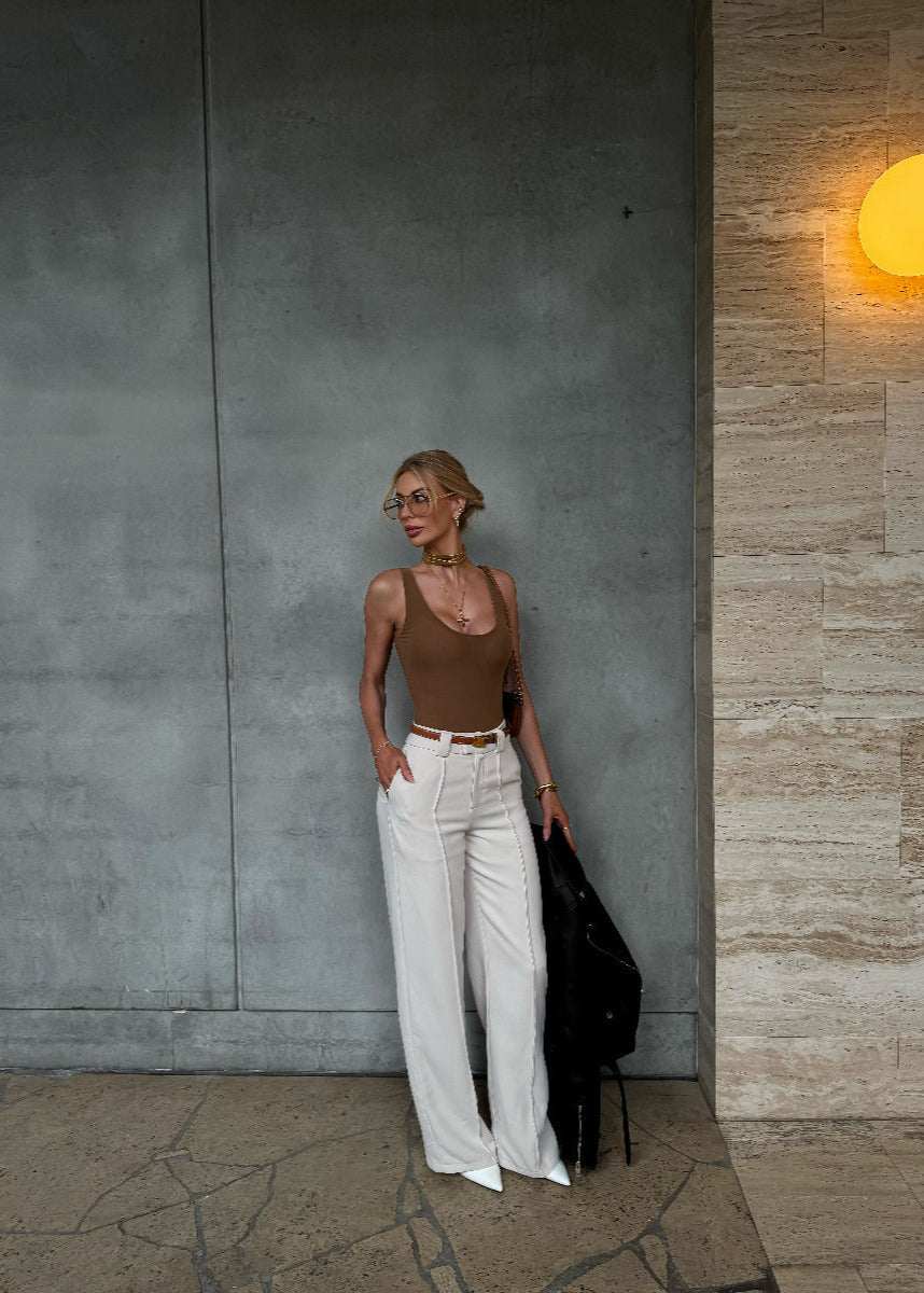 Elira Pant - Stylish High Waist Wide Leg Pants in Textured Tofu
