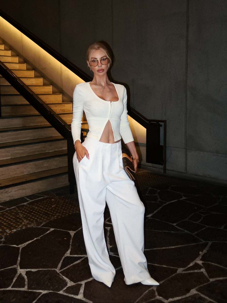 Meringue-coloured Xanthe long sleeve ribbed knit top with hook-and-eye front closure