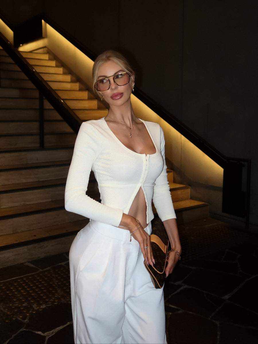 Meringue-coloured Xanthe long sleeve ribbed knit top with hook-and-eye front closure