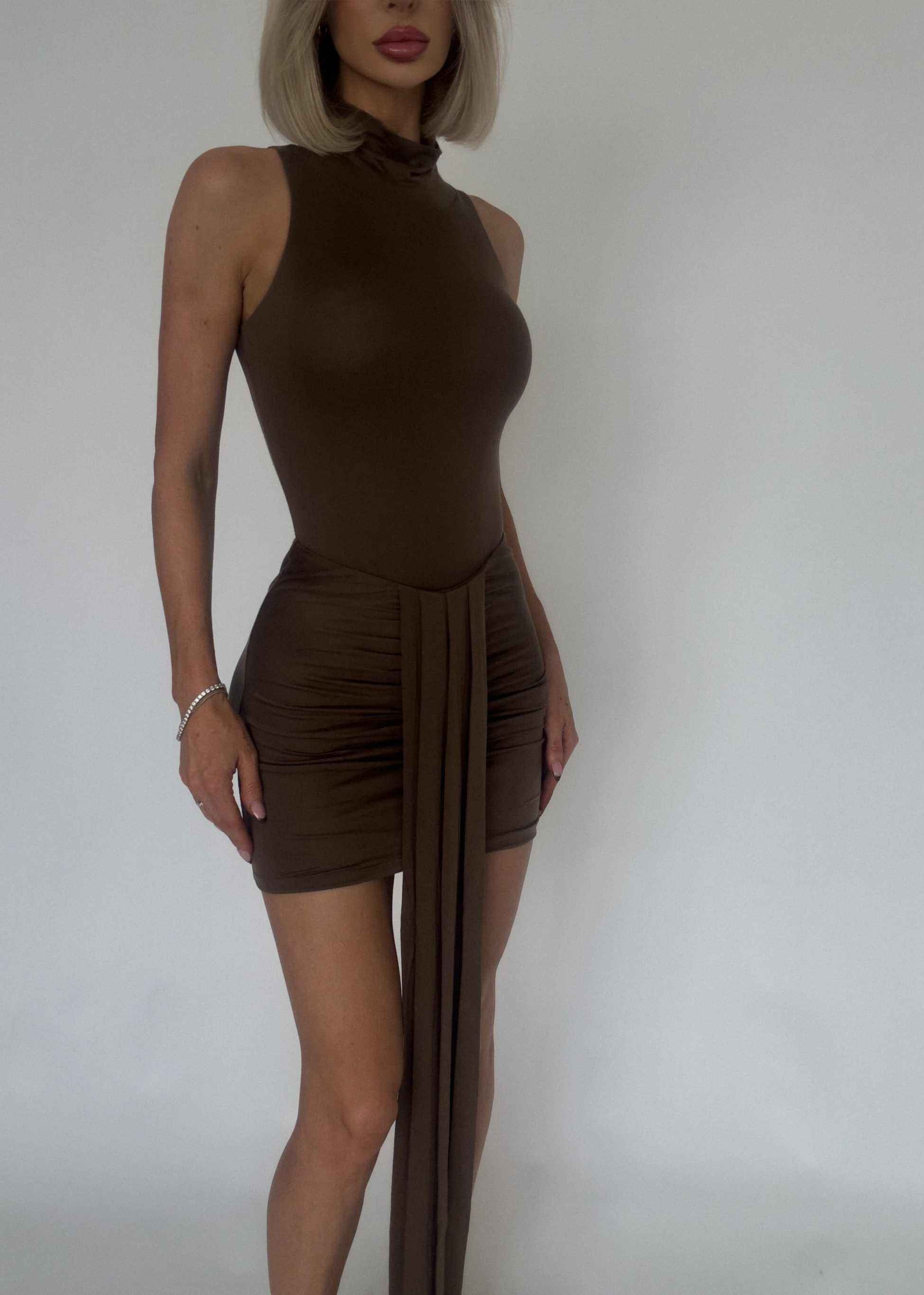 Brown Athena Mini Skirt with front gathering and pleated front tail