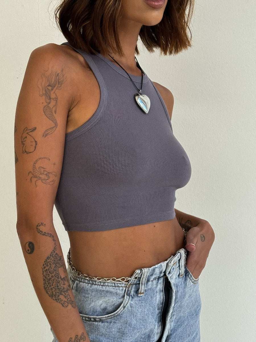 Marl Ribbed Tank - Comfortable Stretchy Crop Tank in Storm