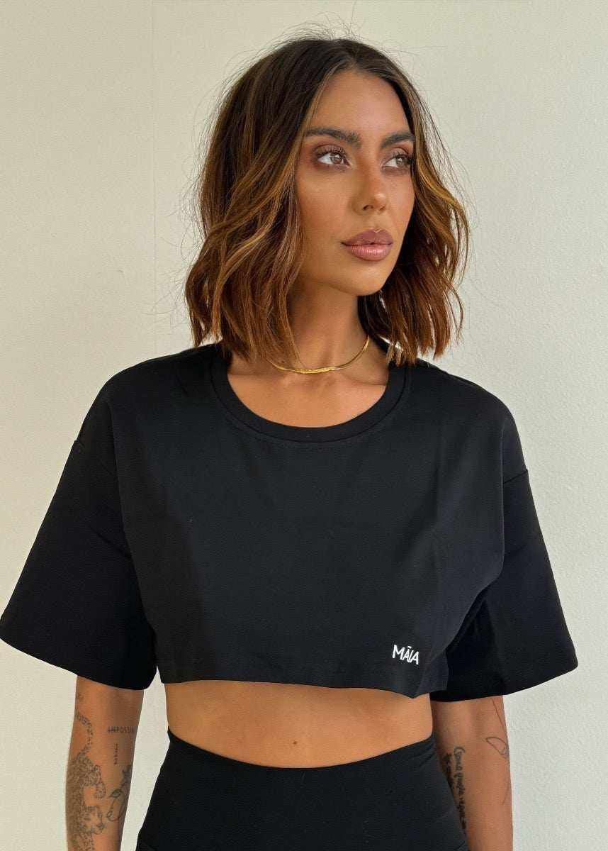 Aly Cropped Tee Black - Stylish Heavyweight Cotton Tee
