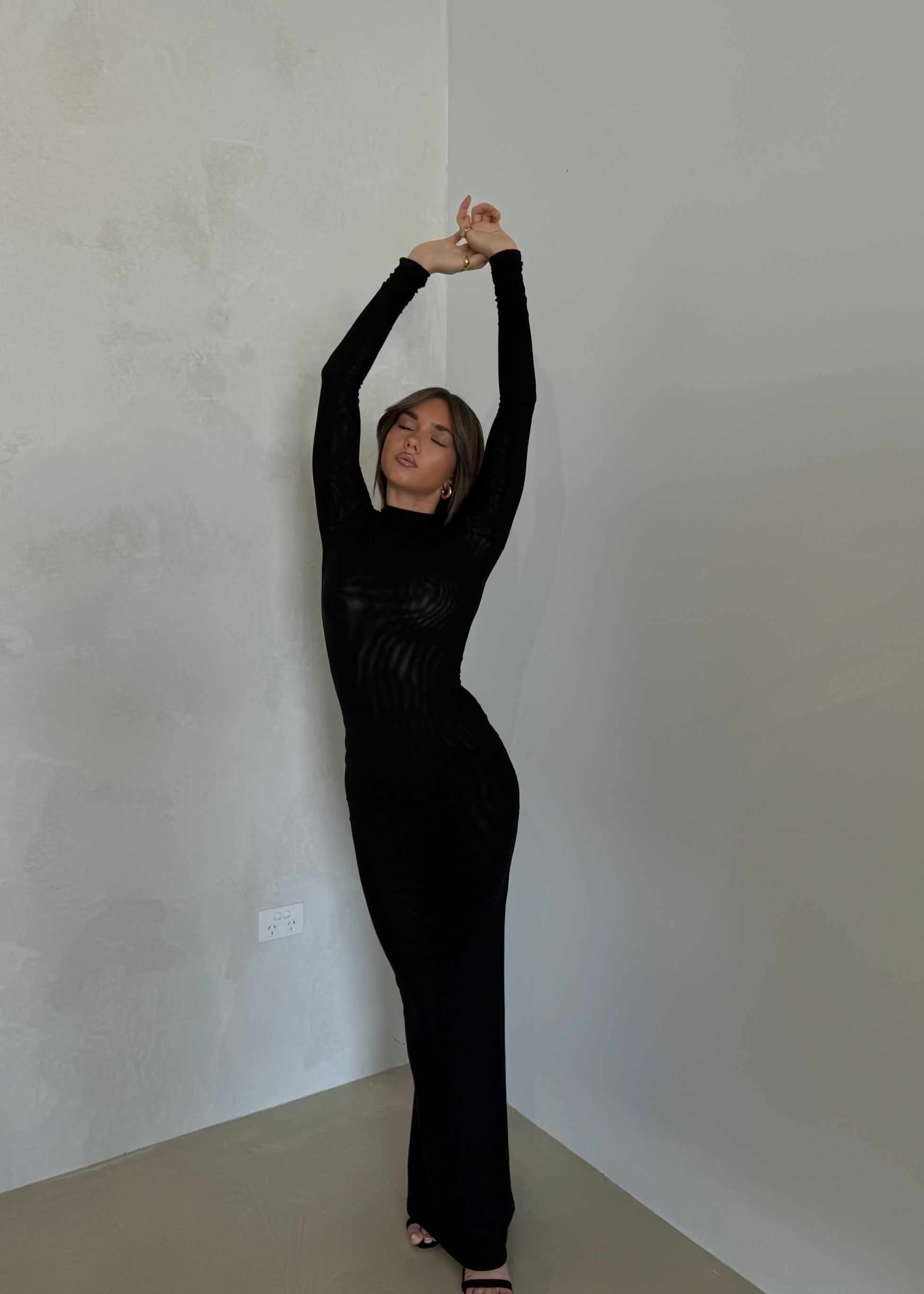 Maia Zephyra Mesh Maxi Dress - Black Mesh Maxi
